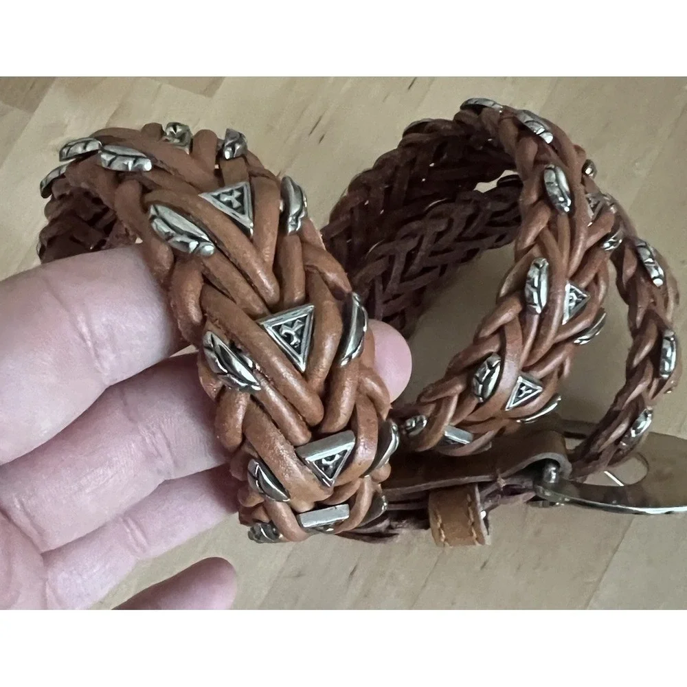 OMEGA Vtg Brown Braided Leather Western Concho Belt Silver Tone Buckle 32 Small - Picture 3 of 9